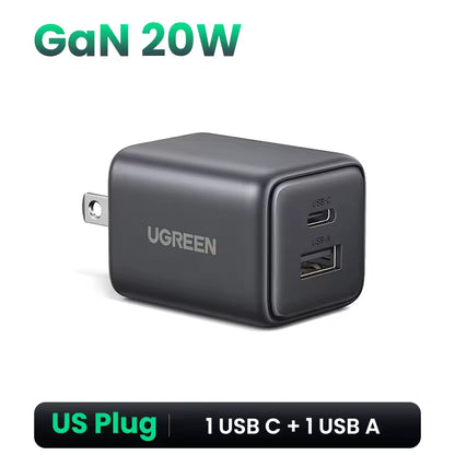 Cargador rápido UGREEN 20W con puertos USB-C y USB 3.0 (2 salidas)